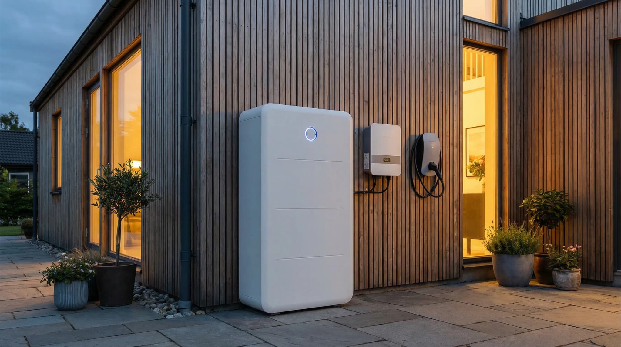 Laddbox och batteri installerat vid modernt hus
